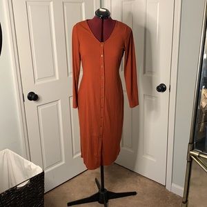 Burnt Red Ribbed Faux a button Down Dress